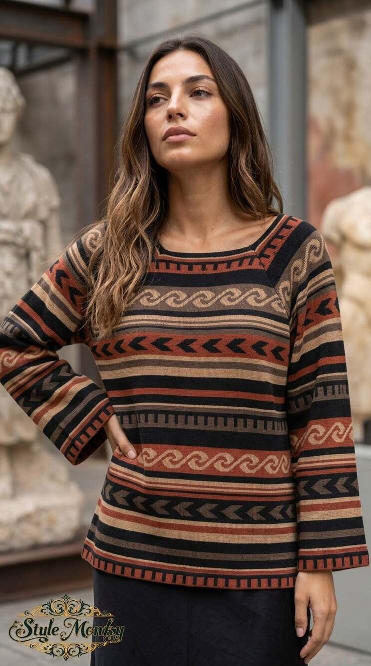 Vintage 1970s Geometric Tribal Striped Square Neck Wide Sleeve Sweater Small